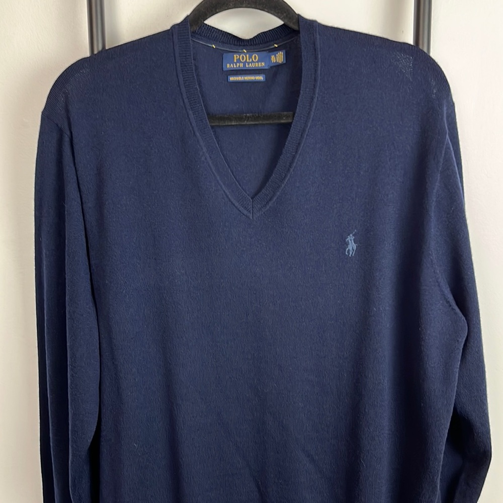 POLO Ralph Lauren Merino Wool Sweater Men Size XL Classic Knit V-neck Navy Blue